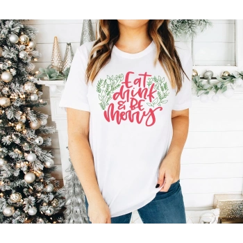 Yılbaşı Noel Baskılı Kısa Kollu Oversize Bisiklet Yaka T-shirt - Beyaz