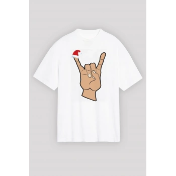 Yılbaşı Noel Başlıklı Serçe Parmak Baskılı Oversize Bisiklet Yaka T-shirt - Beyaz