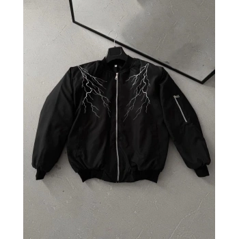 Unisex Siyah Bomber Mont – Beyaz Şimşek Desenli, Fermuarlı Cepli, Kapitone Astarlı Sokak Stili Günlük Ceket - Siyah