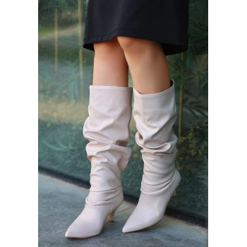 Zelya Bej Cilt Topuklu Çizme