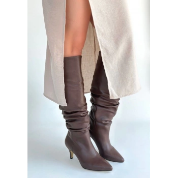 Zelya Kahverengi Cilt Topuklu Çizme