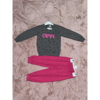 3-7 yaş pontiyeli ikili alt üst takım gri fuşya kız çocuk