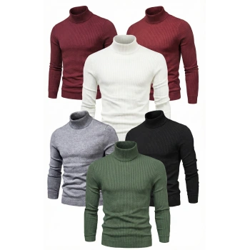 6lı Siyah, Beyaz, Bordo, Gri, Haki Unisex Kaşkorse Boğazlı Full Likralı Fitilli Body Kazak