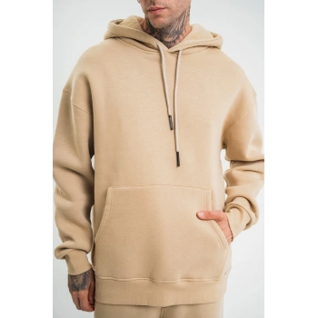 Unisex Double Oversize Kapşonlu Basic SweatShirt - Bej