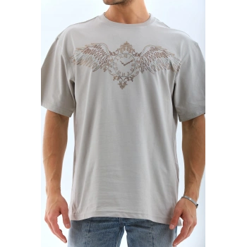 Unisex Oversize Taşlı Bisiklet Yaka T-Shirt - Gri