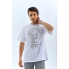 Unisex Oversize Taşlı Bisiklet Yaka T-Shirt - Beyaz