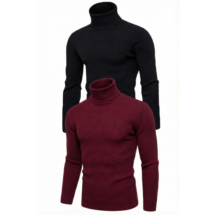 2li Siyah Bordo Unisex Kaşkorse Boğazlı Full Likralı Fitilli Body Kazak