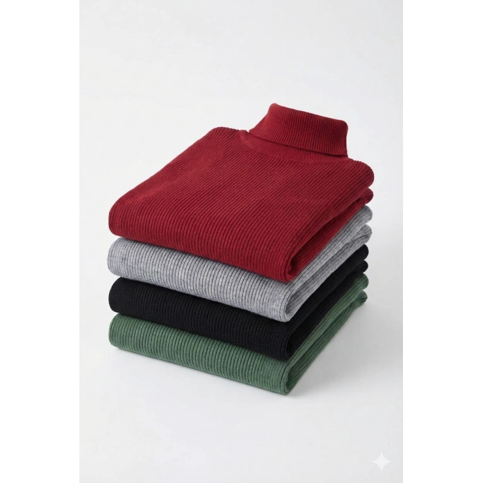 4lü Siyah, Bordo, Gri, Haki Unisex Kaşkorse Boğazlı Full Likralı Fitilli Body Kazak