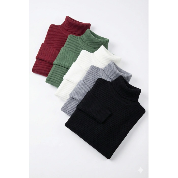 5li Siyah, Beyaz, Bordo, Gri, Haki Unisex Kaşkorse Boğazlı Full Likralı Fitilli Body Kazak