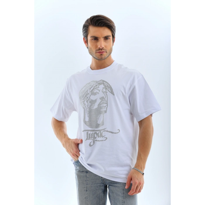 Unisex Oversize Taşlı Bisiklet Yaka T-Shirt - Beyaz