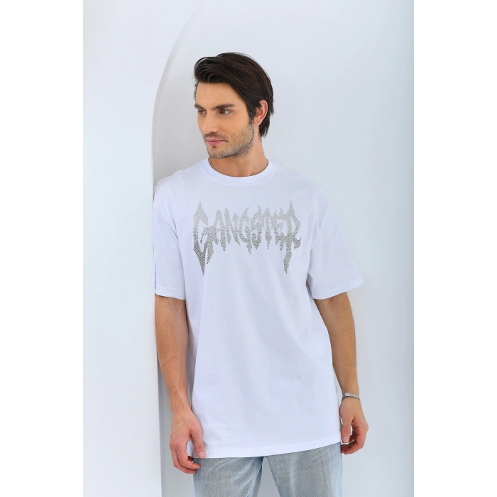 Unisex Oversize Taşlı Bisiklet Yaka T-Shirt - Beyaz