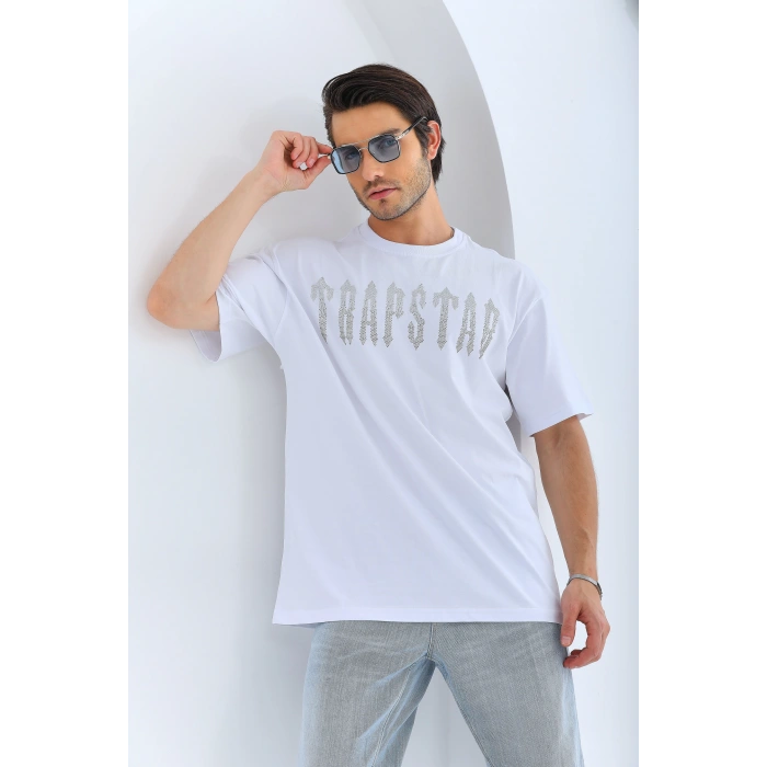 Unisex Oversize Taşlı Bisiklet Yaka T-Shirt - Beyaz