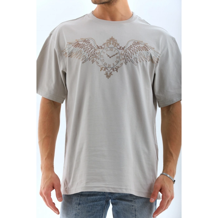 Unisex Oversize Taşlı Bisiklet Yaka T-Shirt - Gri