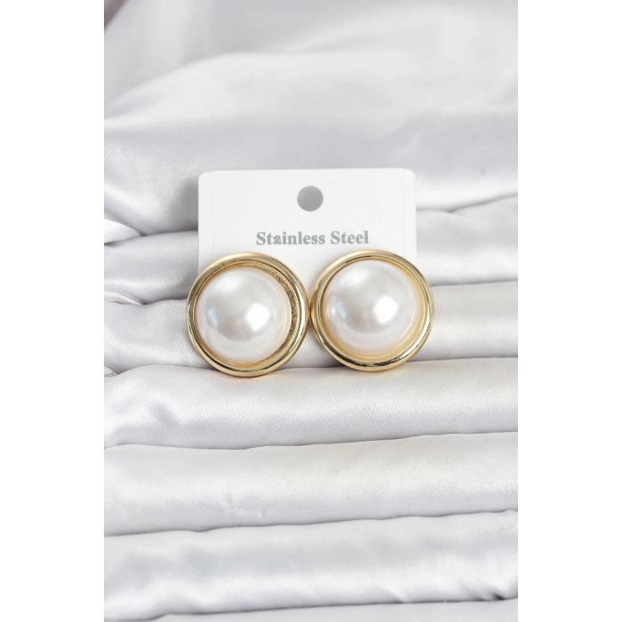 316L Çelik Gold Renk İnci Model Vintage Kadın Küpe