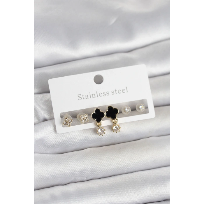 316L Çelik Gold Renk Yonca Detaylı Kadın Küpe Seti