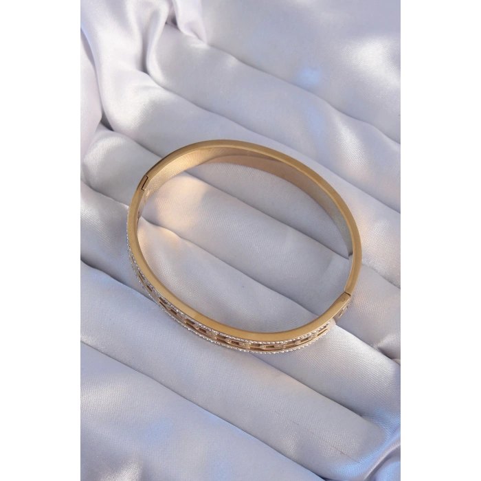 316L Çelik Gold Renk Zirkon Taşlı Model Kelepçe