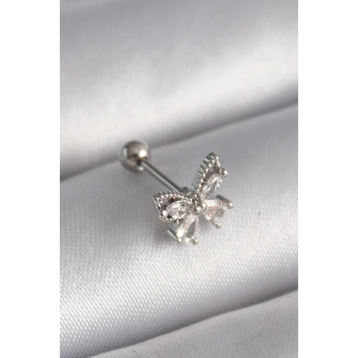 316L Çelik Gümüş Renk Zirkon Taşlı Kelebek Tragus Piercing