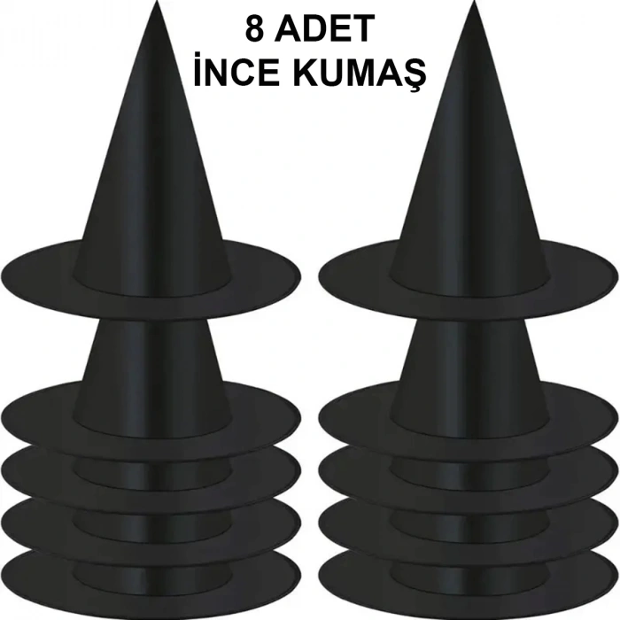 8 Adet Siyah Cadı Şapkası – Yetişkin  Çocuk Kostüm Aksesuarı