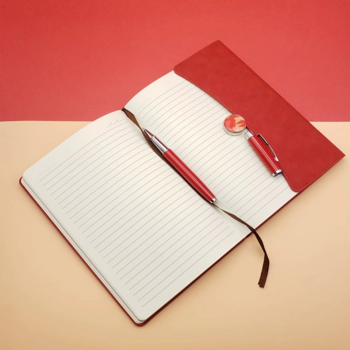 Çizgili Defter Ve Metal Kalem Seti Kırmızı