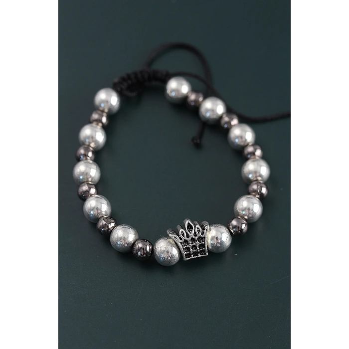 Doğal Taş Kral Tacı Model Gümüş Ve Füme Renk Asansörlü Erkek Bileklik