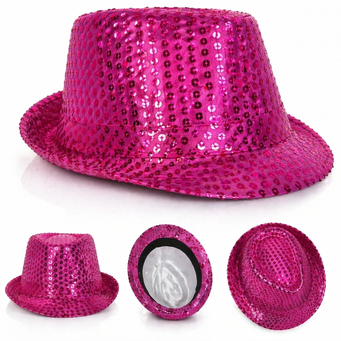 Payetli Disco Parti Şapkası - Fuşya (Yetişkin Işıltılı Fötr Model)