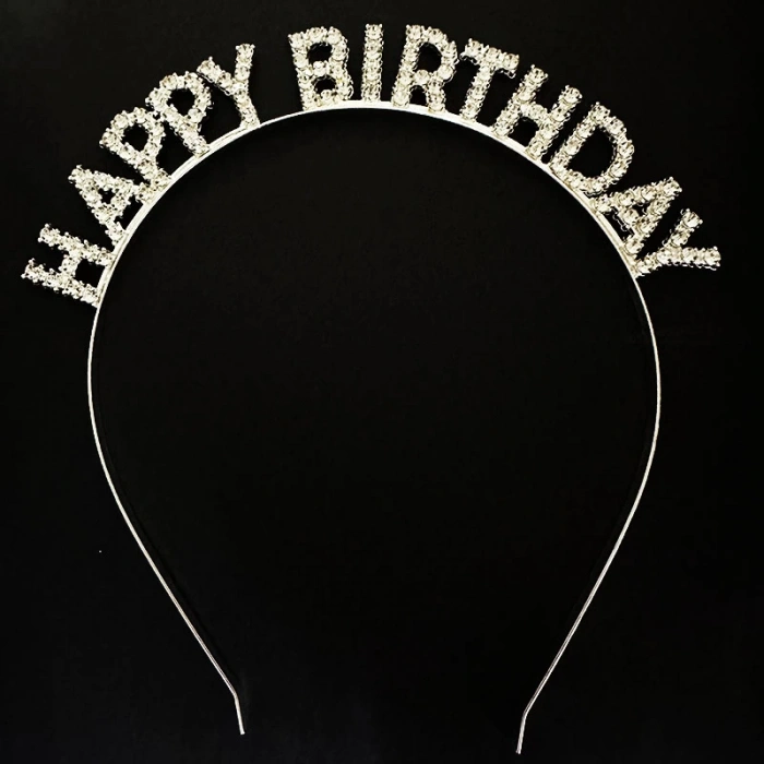 Gümüş Kristal Taşlı Happy Birthday Doğum Günü Tacı İthal Ürün 17x16 cm
