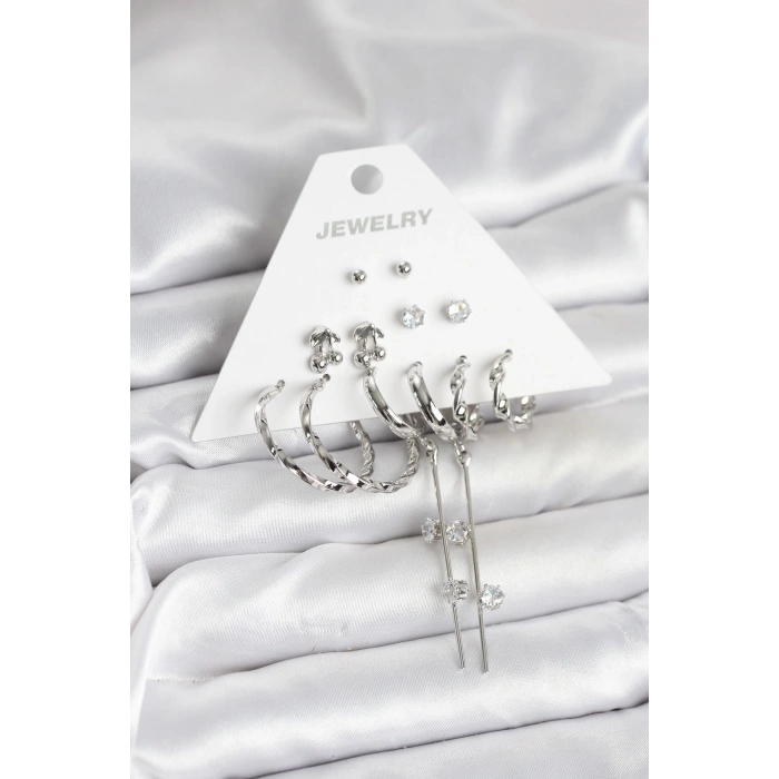 Gümüş Renk Pirinç 6lı Kadın Küpe Seti