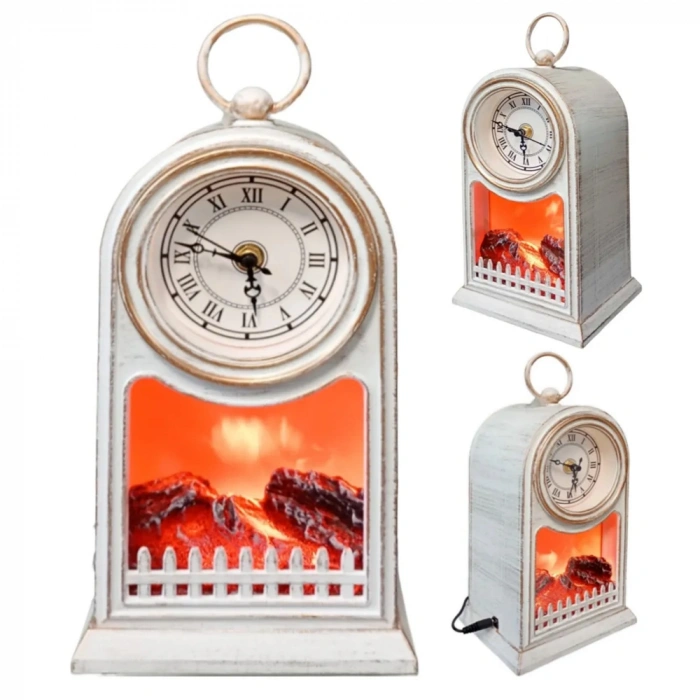 Masaüstü Saatli Şömine (Led Işıklı 27cm x 15cm - Pil ve USB Elektrik)