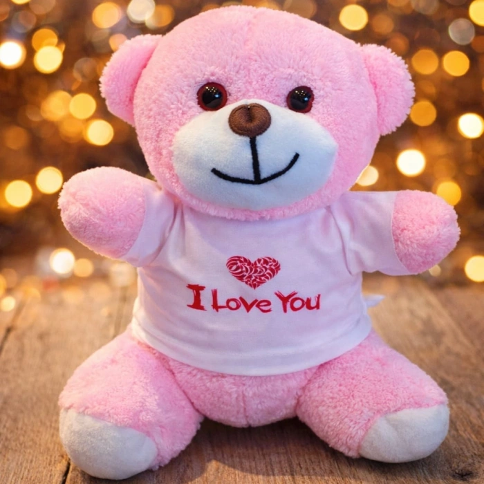Pembe I Love You Tasarım Tişörtlü Ayıcık