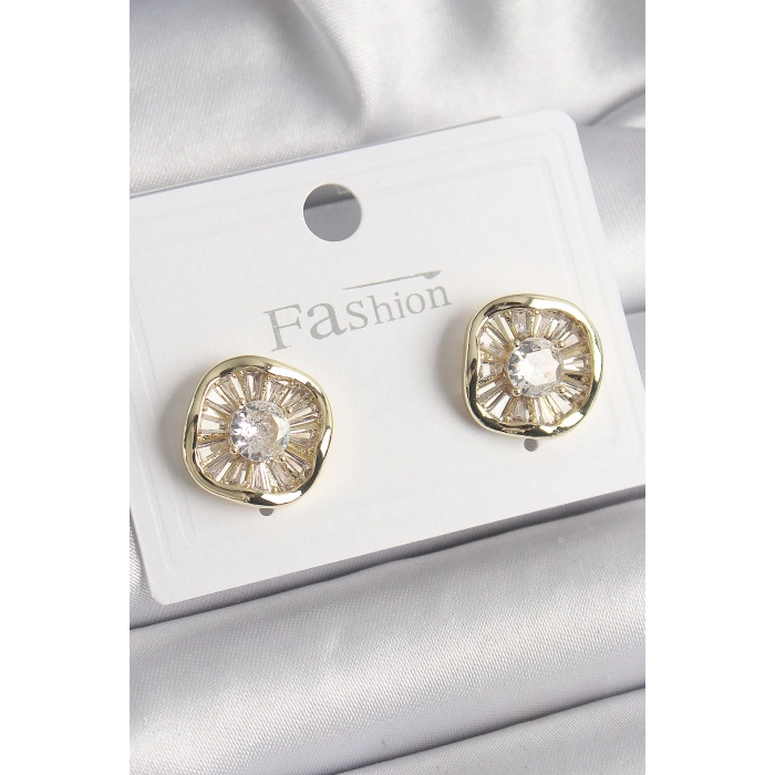 Pirinç Gold Renk Zirkon Taşlı Yonca Model Kadın Küpe