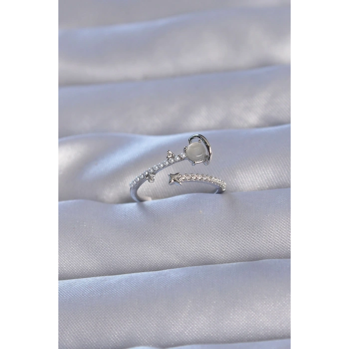 Pirinç Gümüş Renk Zirkon Taşlı İncili Satürn Model Ayarlanabilir Yüzük