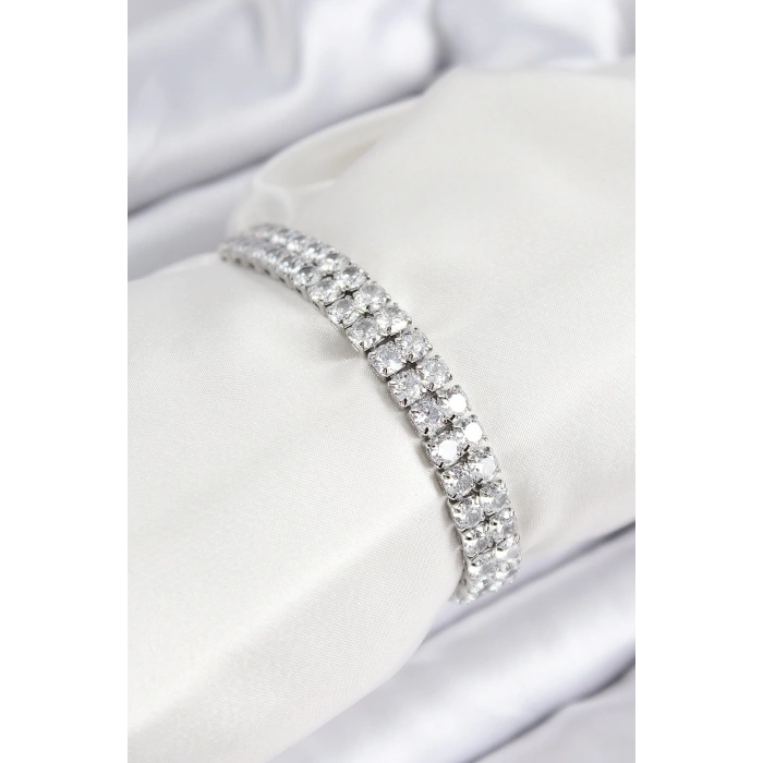 Pirinç Zirkon Taşlı Çift Sıra Kare Model Gümüş Renk Asansörlü Kadın Bileklik