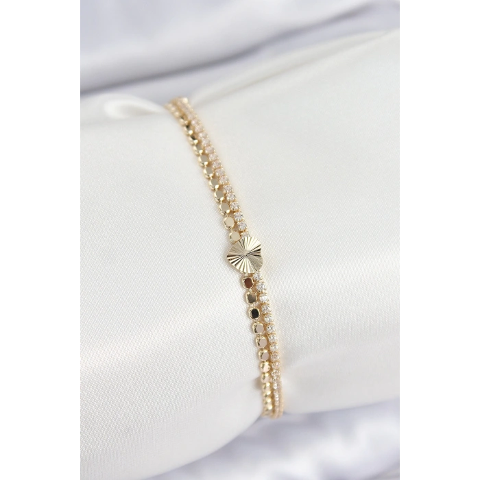 Pirinç Zirkon Taşlı Ezme Zincirli Kalp Model Gold Renk Kadın Bilekilk