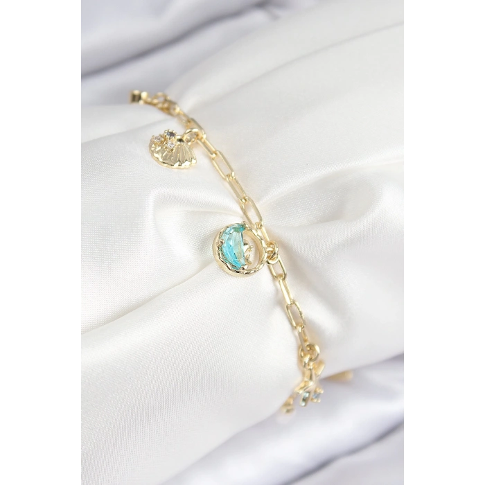 Pirinç Zirkon Taşlı İstiridye Model Gold Renk Kadın Bileklik