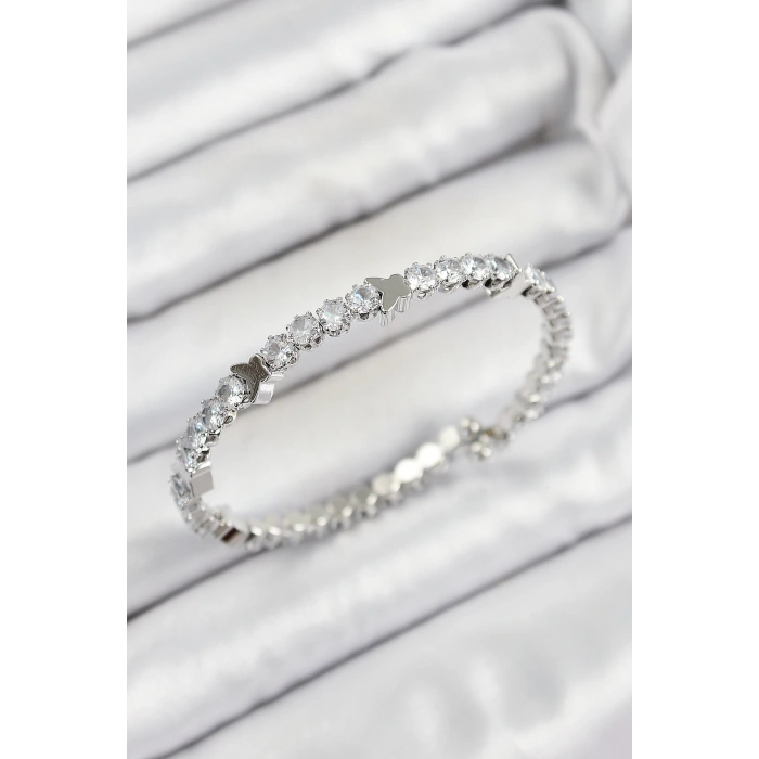 Pirinç Zirkon Taşlı Kalp Model Gümüş Renk Yaylı Kadın Bileklik