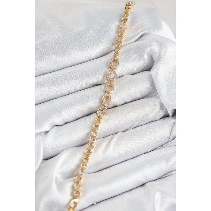 Pirinç Zirkon Taşlı Oval Model Gold Renk Kadın Bileklik