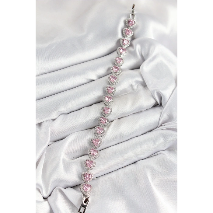 Pirinç Zirkon Taşlı Pembe Kalp Baget Model Gümüş Renk VIP Seri Kadın Bileklik