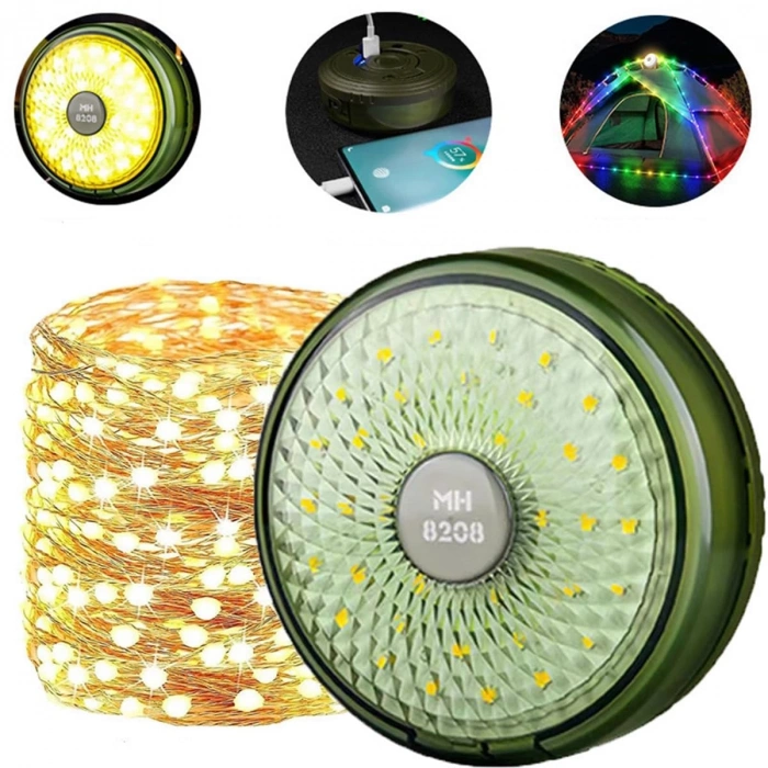 Şarjlı 10 Metre Ledli Şarj Göstergeli 8 Işık Modlu Hareketli Ve Flaşör Modlu Kamp Lambası Led Işık