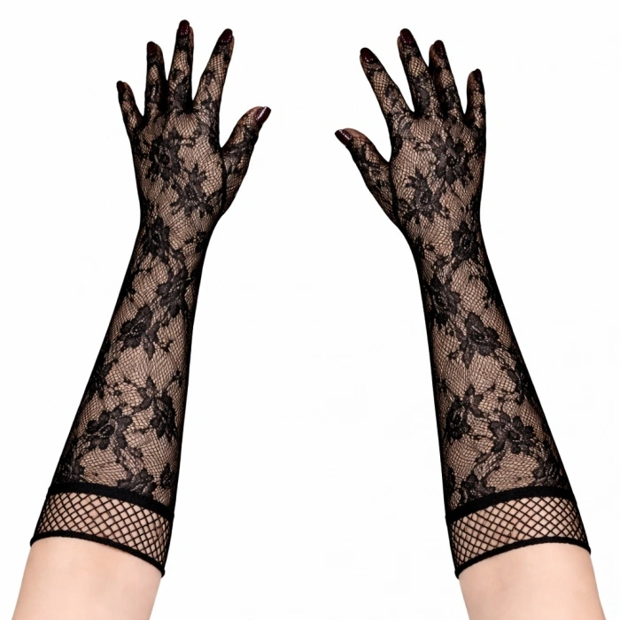 Uzun Gül Desenli Dantel Kadın Eldiveni (Siyah)