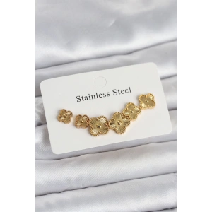 316L Çelik Gold Renk Yonca Küpe Seti