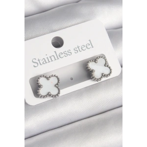 316L Çelik Gümüş Renk Beyaz Yonca Model Kadın Küpe