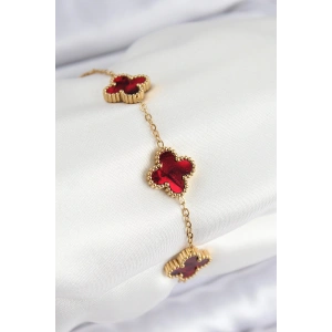 316L Çelik Sedefli Kırmızı Gold Renk Yonca Kadın Bileklik