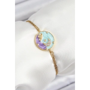 316L Çelik Zincir Mineli Sanatsal Portre Zirkon Taşlı Gezegen Model Gold Renk Kadın Bileklik