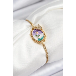 316L Çelik Zincir Mineli Sanatsal Portre Zirkon Taşlı Kelebek Detaylı Çiçek Model Gold Renk Kadın Bileklik