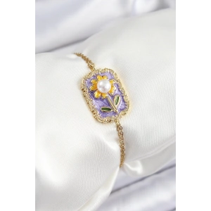 316L Çelik Zincir Mor Mineli Sanatsal Portre İnci Detaylı Papatya Model Gold Renk Kadın Bileklik