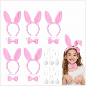 Full Pembe Renk Tavşan Sahne Seti (6lı Set - Taç, Papyon, Kuyruk)