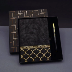 Gold Desen Siyah Deri Defter Kalem Set