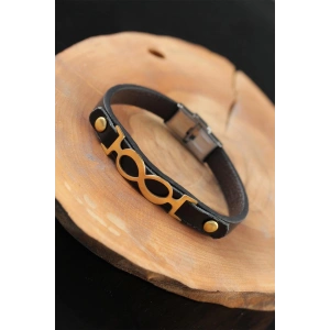 Gold Renk Sonsuzluklu Metal Aksesuarlı Siyah Deri Erkek Bileklik