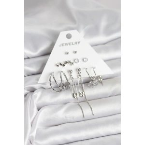 Gümüş Renk 6lı Pirinç Küpe Seti