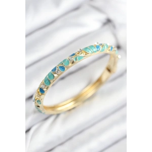 Mineli Pirinç Zirkon Taşlı Turkuaz Mavi Çiçek Motifli Gold Kadın Kelepçe